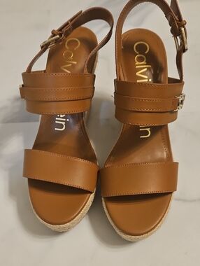Calvin Klein Women's Cognac Leather Espadrille Wedge Sandals